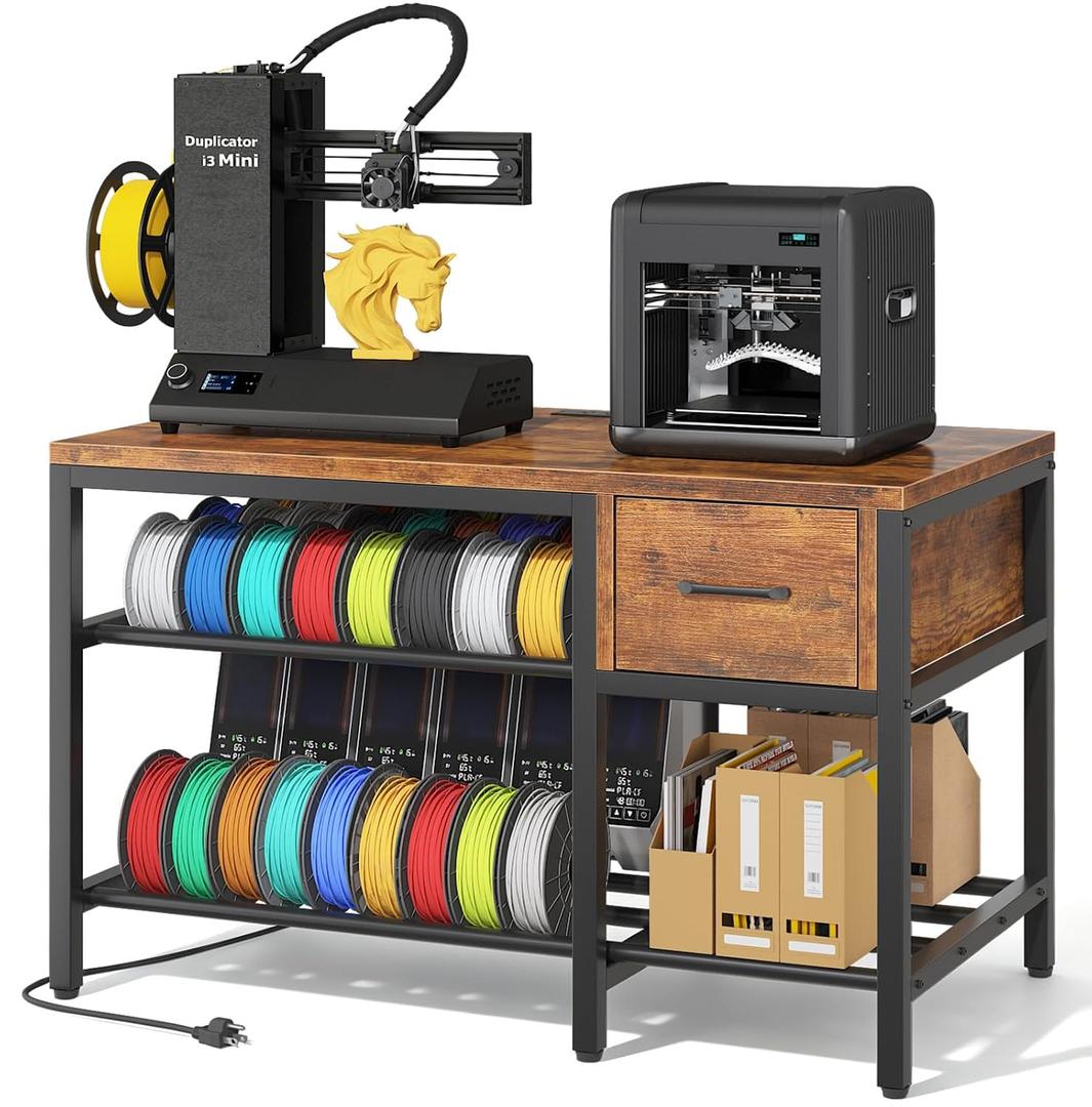 3D Printer Stand with Filament Storage Heavy Duty Metal 3D Printer Table with Drawer and Power Hub for Workshop, Studio, and Office, 43" L 24" W 32" H