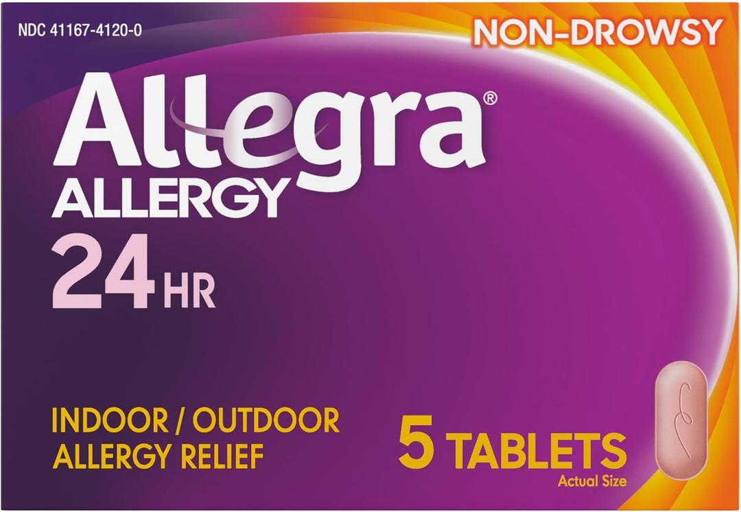 Allegra Adult 24-Hour Allergy Relief Tablets, Non-Drowsy Indoor and Outdoor Allergy Medicine, 180 mg Fexofenadine HCI Antihistamine Pill, 5-Count, Best By:  05/2026