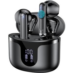 Wireless Earbuds, Bluetooth 5.3 Headphones Deep Bass Stereo Sound with ENC Noise Cancellation Wireless Headphones with 50H Playback and LED Display, IPX7 Waterproof Ear Buds Black
