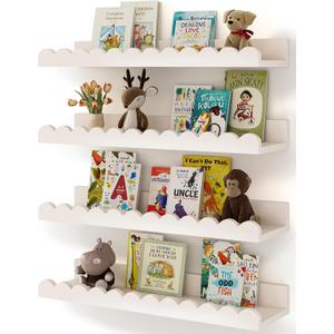 Shario Nursery Book Shelves, 4-Pack White Floating Shelves for Wall Kids, Scalloped Shelves, Wall Book Shelves for Bedroom Kids, Toddler Room, Baby Room, Nursery Decor, 16.5 Inches