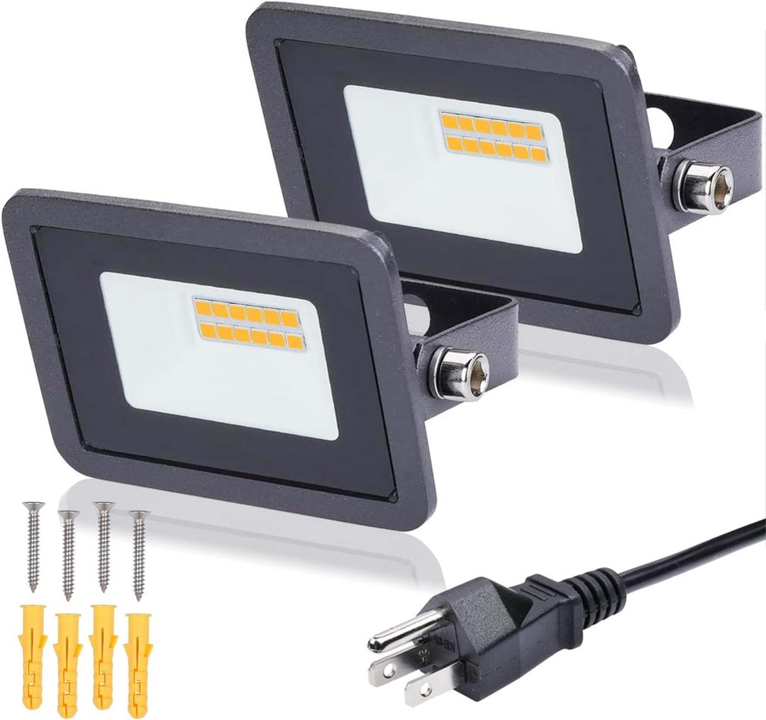 MIWAT 2Pack 10W Plug in LED Flood Light, Warm White LED Work Light, IP68 Waterproof Outdoor Floodlights for Terraces, Studios, Pathway