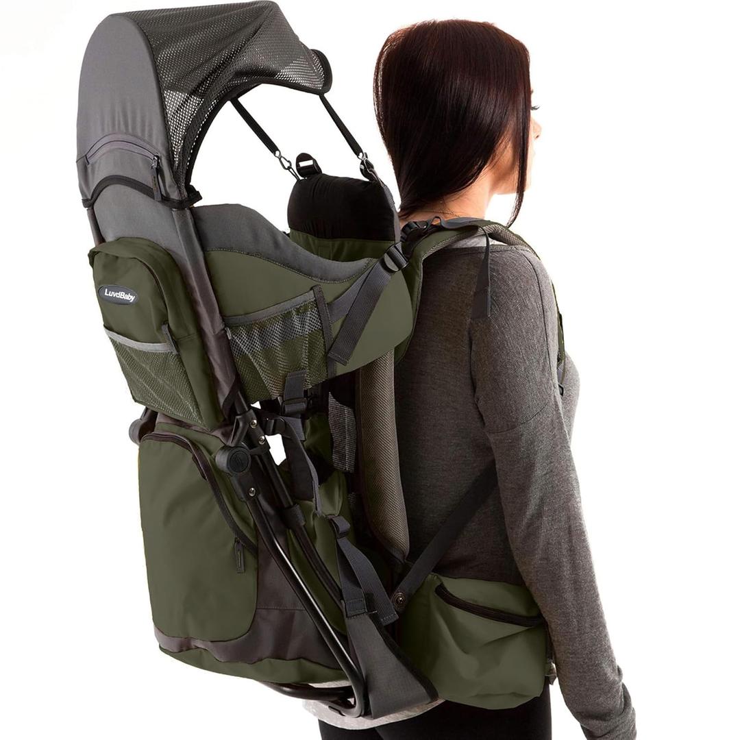 Hiking Baby Carrier Backpack - Comfortable Toddler/Baby Backpack Carrier System with Diaper Change Pad, Insulated Pocket + Rain and Sun Hood to Protect Your Child (ArmyGreen/Grey)