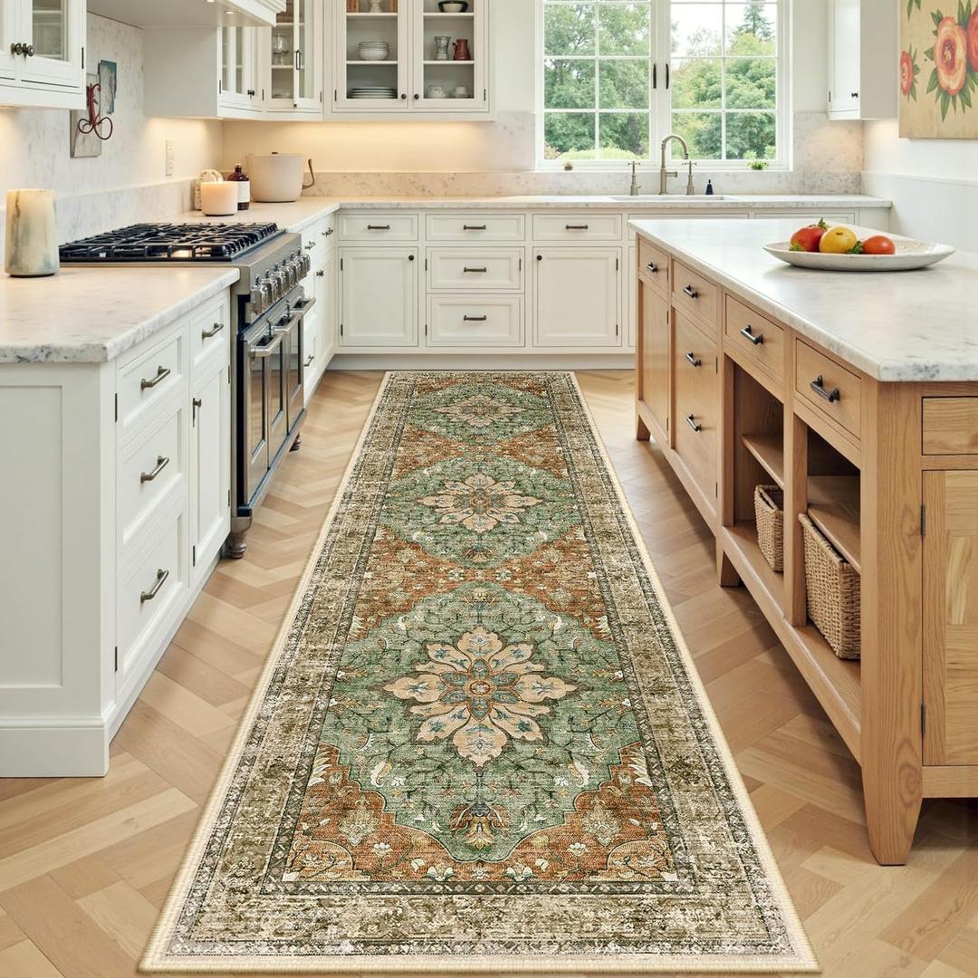 RELEANY Area Rugs Runner 3'x9' Washable Non-Slip, Floral Vintage Distress Medallion Carpet for Kitchen Hallway Bedroom Beside Laundry Room Bathroom, Terracotta Burnt Orange Green