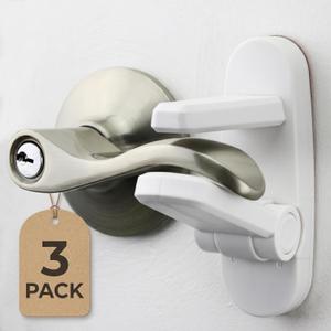 Door Lever Lock (3 Pack) Prevents Toddlers from Opening Doors. 3.25" L * 1.5" W * 4.5" H Easy One Hand Operation for Adults. Durable ABS with 3M Adhesive Backing. Simple Install, No Tools Needed.