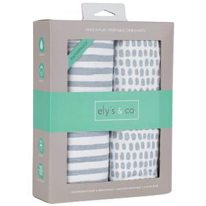 Elys & Co. Waterproof Pack and Play/Mini Crib Sheets  All-in-One Mattress Protector and Fitted Playard Sheets  Jersey Cotton  Blue Splash & Stripes, Baby Boy Nursery Bedding Essential  2-Pack