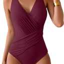 Eomenie One Piece Swimsuit for Women Tummy Control Bathing Suit V Neck Swim Suit Ruched Criss Cross Swimwear (X-Large, Wine Red)