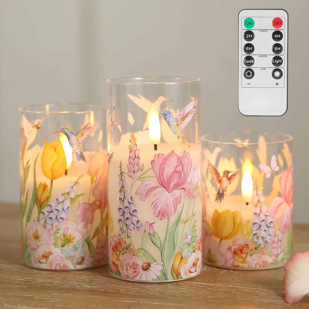 LUSHARBOR Flameless Candles with Remote, Battery Operated Glass Candles Hummingbird Flickering LED Electric Pillar Candles Real Wax Floral Christmas Decor Set of 3