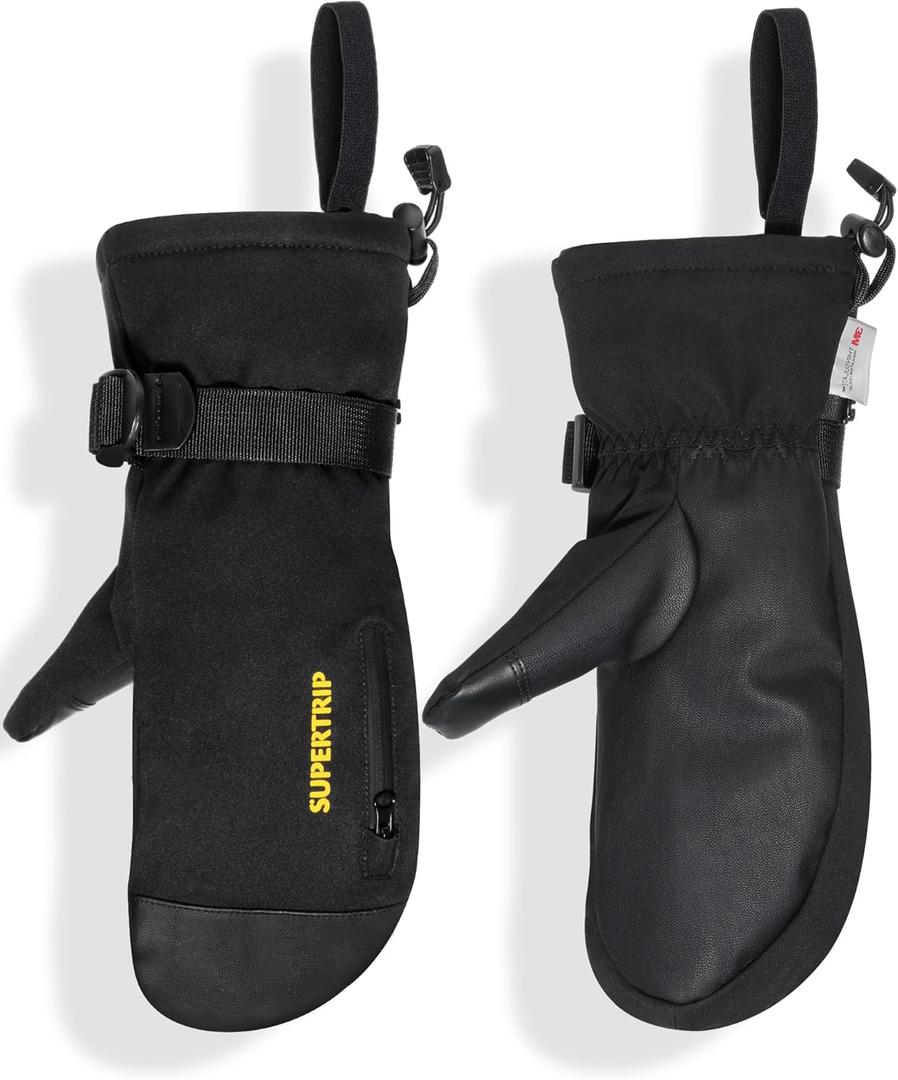 Supertrip Ski Mittens Men Women, Waterproof Snowboard Mittens Gloves Touch-Screen Anti-Slip Snow Mitts 3M Thinsulate, Warm Insulated in Cold Weather Winter (Medium, Black)