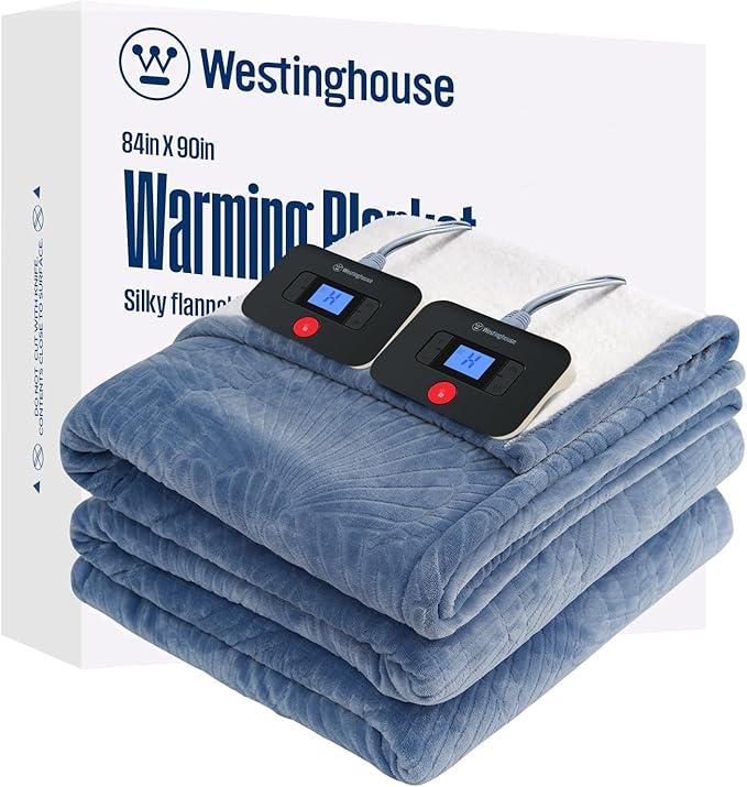 Westinghouse Electric Blanket Queen, Flower Jacquard Heated Blanket Queen Size with 10 Heating Levels and 1-12 Hours Auto-Off, Flannel to Sherpa Reversible, Machine Washable (84" x 90", Blue)
