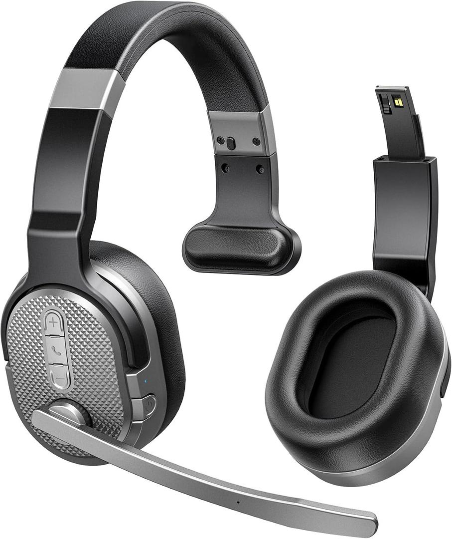 COSMUSIS Trucker Bluetooth Headset, Wireless Headsets with Noise Cancelling Microphone, 50+Hrs HD Talktime Bluetooth Headphones with Detachable Earpad/Single+Dual Mode for Office/Driving/Home (Silver)