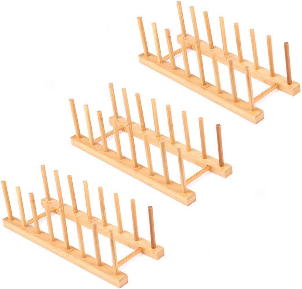 Bamboo Wood Dish Rack, 3 Pack Plate Rack Stand Pot Lid Holder, Bowl Cup Book Pot Lid Cutting Board Drying Rack Stand Drainer Storage Organizer Kitchen Cabinet