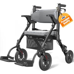 VOCIC Rollator-Walkers-for-Seniors-with-Seat, Walker Wheelchair Combo, Transport-Wheelchair-Lightweight-Foldable, Adult Walkers All Terrain, 2 in 1 Rolling Walker Chair with Brakes & Pouch