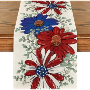 Artoid Mode Eucalyptus Daisy Sunflower 4th of July Table Runner, Patriotic Memorial Day Kitchen Dining Table Decoration for Home Party Decor 13x36 Inch