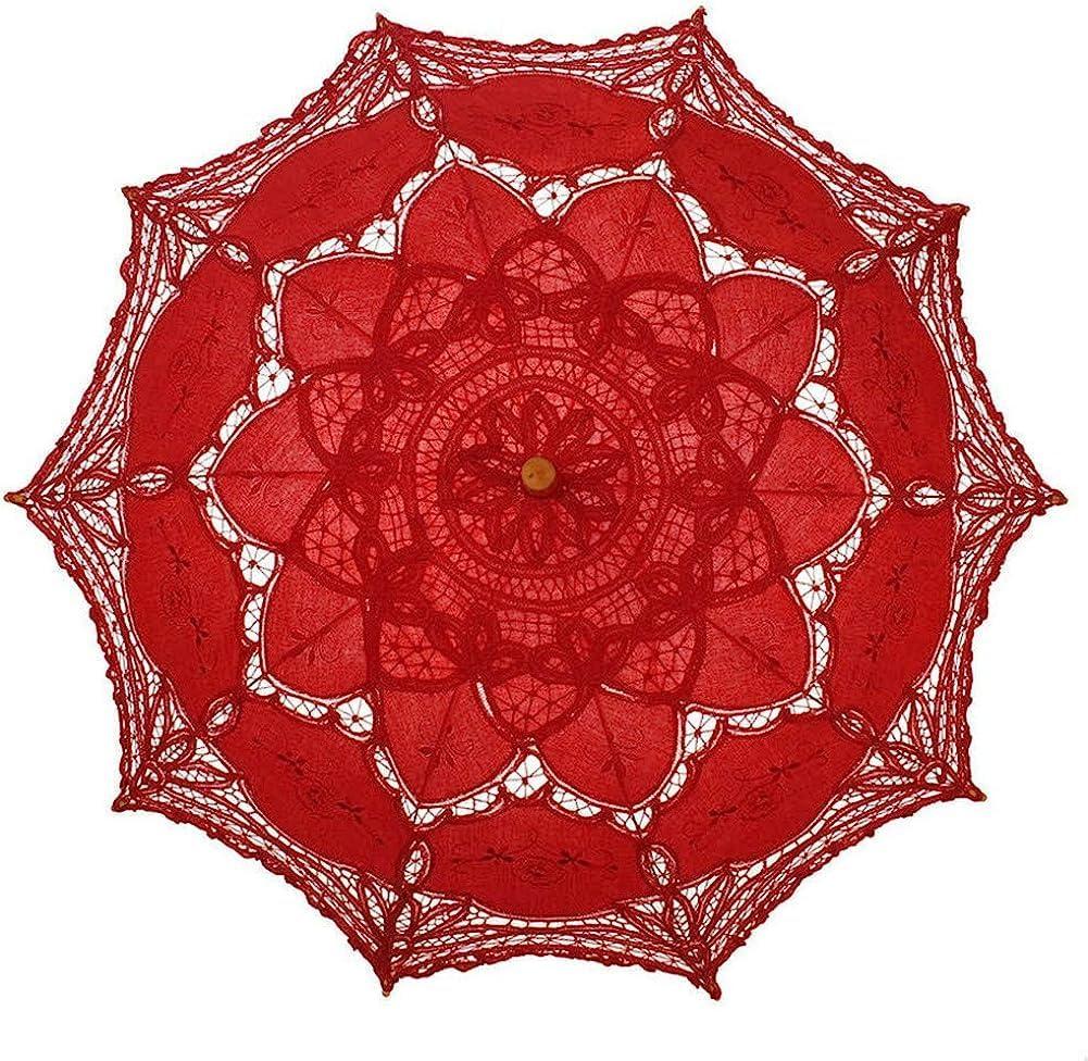 Lace Parasol Umbrella Vintage Wedding Bridal Lace Umbrella for Decoration Photo Tea Party 32 Inch Adult Size (Red)