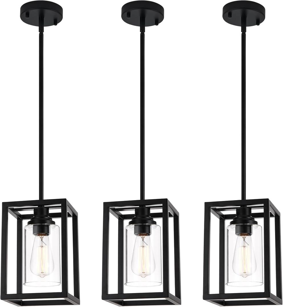 Matte Black Farmhouse Pendant Light Fixtures, Pendant Lights for Kitchen Island, Rectangle Linear Metal Hanging Lighting Fixture Ceiling Mount with Clear Glass Shade E26 Base for Dining Room, 3 Pack