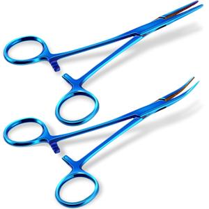 BBTO Hemostat Curved and Straight Hemostat Forceps Piercing Pliers Forceps, Stainless Steel Straight and Curved Pliers, Fishing Tweezer(Blue,2 Pcs)