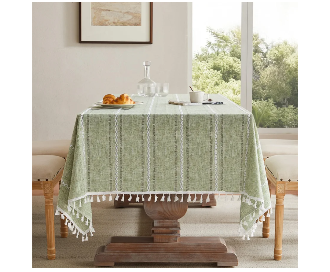 ZeeMart Hemstitched Embroidery Striped Boho Tablecloth 60x120 Inch Light Green, Heavy Weight Farmhouse Burlap Linen Sage Tablecloth, Wrinkle Resistant Washable Table Cloth for Rectangle Table