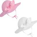 Syhood 2 Pieces Wide Brim Baby Girls Sun Hat Adjustable Sun Protection Summer Beach Hat for Toddler (0-12 Months, White and Pink)
