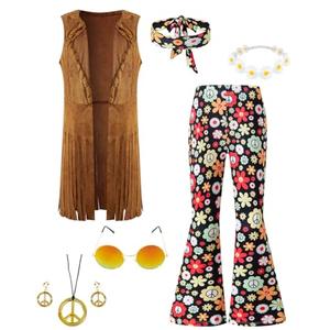 IWALUE Kids Girls 60s 70s Hippie Costume Pants Set Fringe Vest Peace Flared Pants Outfits Accessories Set（Multicolored,6-8 Years）
