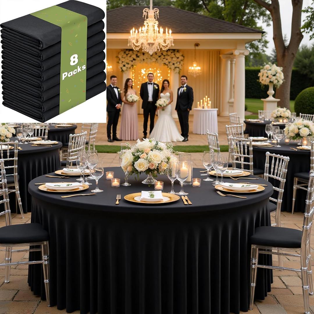 8 Pack Black Round Spandex Tablecloths for 60 inch Tables, Wrinkle Free Stretchy 120 inch Fitted Round Table Cloths Cover with Skirt for Wedding Birthday Parties Banquet