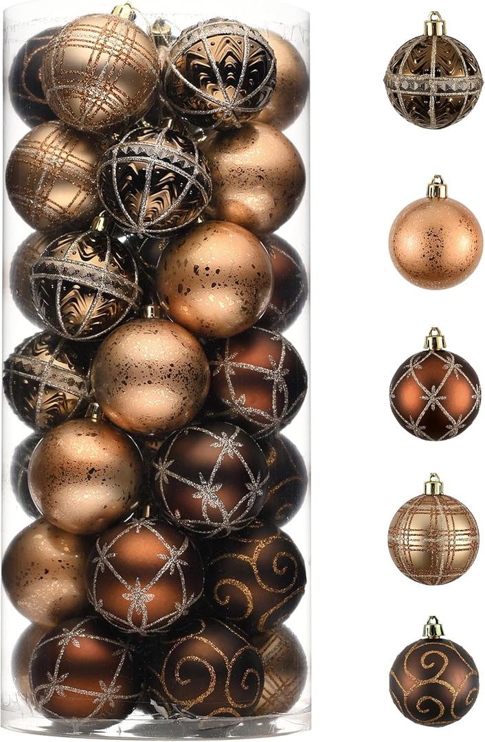 Valery Madelyn Christmas Ornaments Set, 35ct 2 Inches Brown Copper Gold Shatterproof Christmas Tree Decorations, Luxury Hanging Ball Ornaments Bulk for Xmas Holiday Party Decor