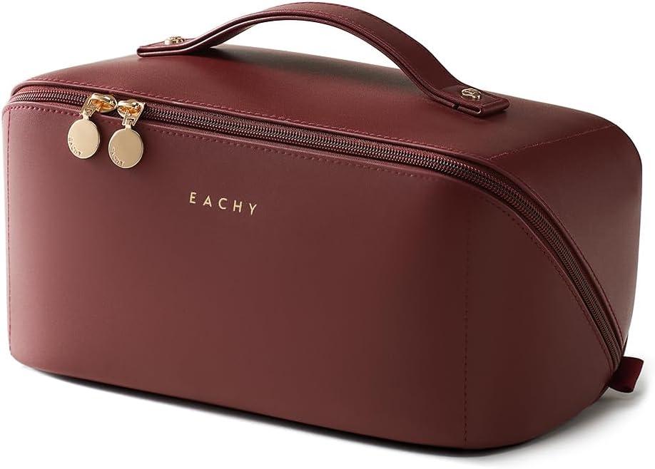EACHY Travel Makeup Bag, Large Capacity Cosmetic Bag for Women, Waterproof PU Leather, Flat Open Portable Toiletry Bag for Skincare, Brushes & Travel Essentials (AO-Red)