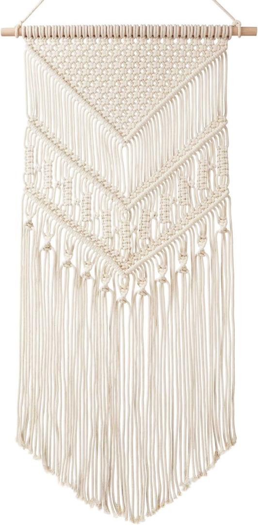 Mkono Macrame Wall Hanging Art Woven Boho Home Dcor, Geometric Beautiful Yarn Tapestry Wall Decor for Bedroom, Nursery, Apartment, Dorm Decoration, Christmas Gift for Teen Girl Mom, 17" W x 33" L (Ivory)