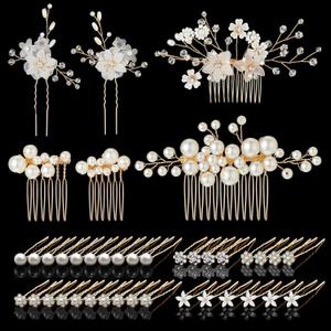 40 Pieces Bridal Hair Accessories Wedding Bridal Hair Pins Decorative Flower Pins U-shaped Pearl Hairs Pin Gold White Crystal Rhinestone Headpiece for Wedding Hairs Pin Women and Girls