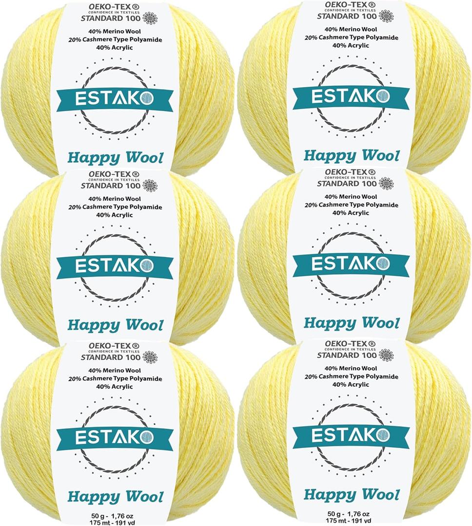 Estako Happy Wool (6 Skeins Pack) 40% Merino Wool 20% Cashmere Type Polyamide 40% Acyrlic Fingering Weight Soft Knitting and Crochet Yarn (6 x 1.76 oz) (6 x 191 yds) (8033 - Lemon)