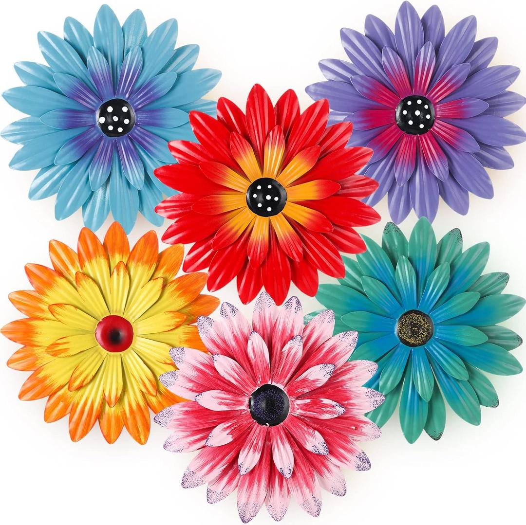 Zhehao 6 Pcs Metal Flower Wall Art Decor 8 Inch Sunflower Wall Decorations Hanging Outdoor Art Multicolored Handmade Metal Flowers Outdoor Decor(Cute Color)