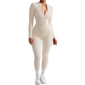 SUUKSESS Women Long Sleeve Ribbed Jumpsuit Zip up Front Workout Bodycon Romper (Medium, 02 Beige)