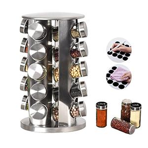 EBIZ&TECH 18-Jar Stainless Steel Rotating Spice Rack with Non-Slip Base - Kitchen Countertop Organizer for Easy Access and Storage of Spice (Sliver)
