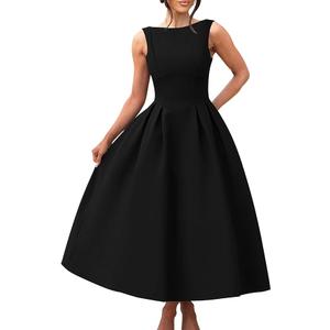 YMDUCH Women's Elegant Sleeveless Crew Neck Backless Swing A Line Evening Party Long Dress (L, Black)