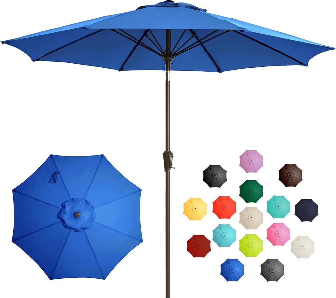LOUNZY 9FT Large Outdoor Patio Umbrella Table Umbrella-UV Resistant, Easy Push Button Tilt and Crank,8 Sturdy Fiberglass Ribs Pool Umbrella for Patio, Backyard, Deck, Yard, Market, Blue