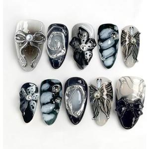 30pcs Y2k Metallic Handmade Black Press On Nails Medium Length Almond Fake Nails 3D Flowers, Silver Swirls, Bow & Butterfly Charms Dark Design Series Goth Punk False Nails Glue on Nails for Women