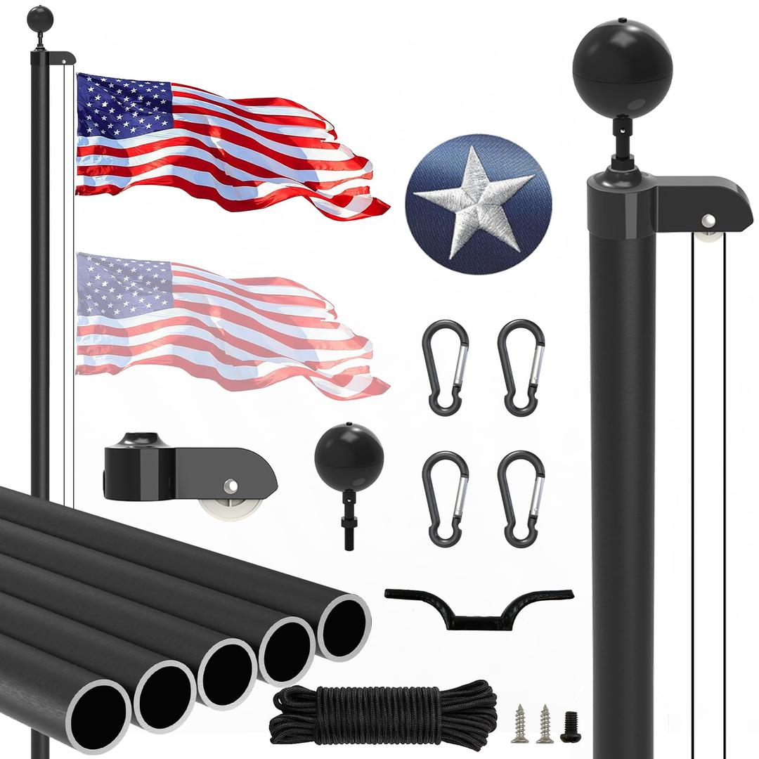 SKGPOLE 20FT Sectional Flag Pole Kit, Extra Thick Heavy Duty Aluminum Flagpoles for Outside House Inground with 3'*5' American Flag and Black Ball Topper for Residential or Commercial Use, Black