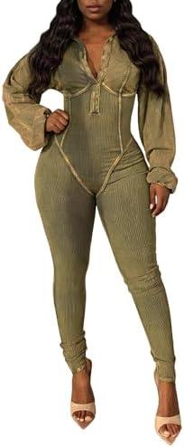 YAWJET Womens Distressed Long Sleeve Jumpsuits Sexy Ribbed Patchwork Bodycon Long Rompers Casual One Piece Outfits XL