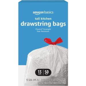 Amazon Basics Flextra Tall Kitchen Drawstring Trash Bags, 13 Gallon, 50 Count, Tear-Resistant, Unscented
