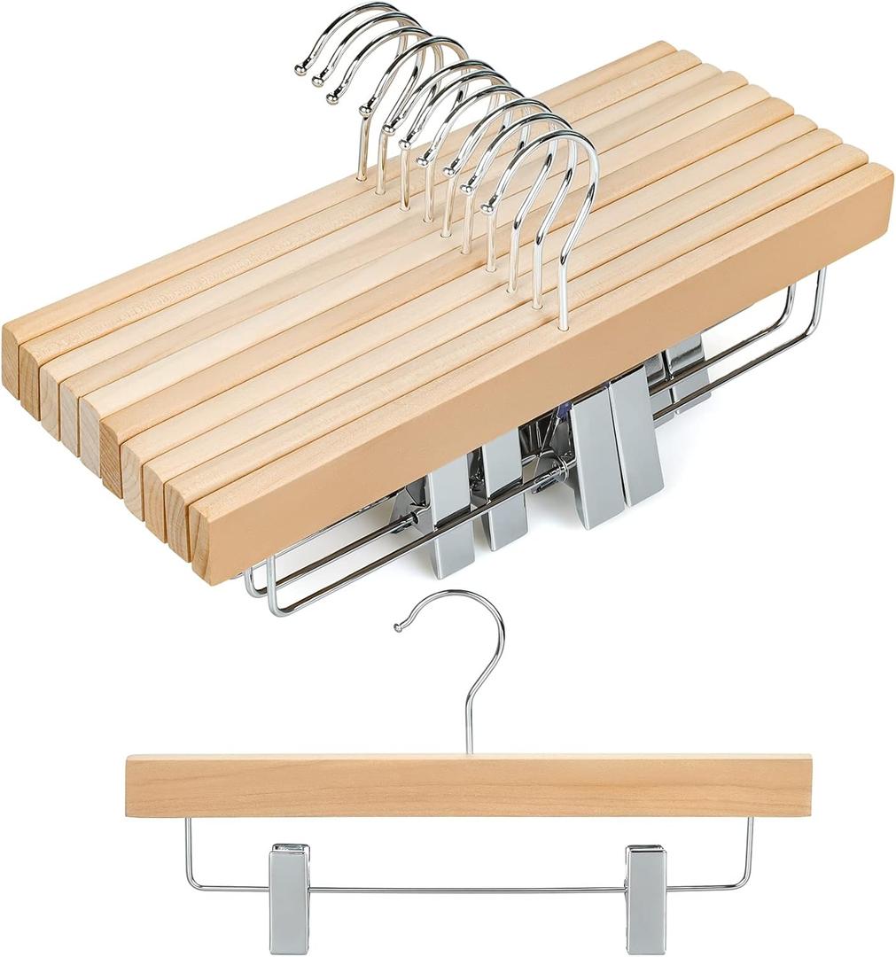 TOPIA HANGER 11.8'' Unfinished/Natural Wooden Pants Skirt Hangers for Kids Baby Toddler Children, Extra Thick Chrome Hooks & Anti-Wrinkle Premium Flat Clips 10 Pack CT09PN