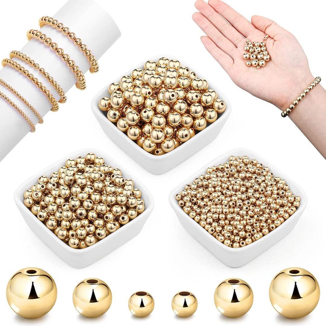 WILLBOND 1200 Pcs Round Spacer Beads for Jewelry Making 4/6/8 mm Smooth Ball Beaded Seamless Loose Ball Embellishments with Holes for Stackable Bracelet Craft(Gold)