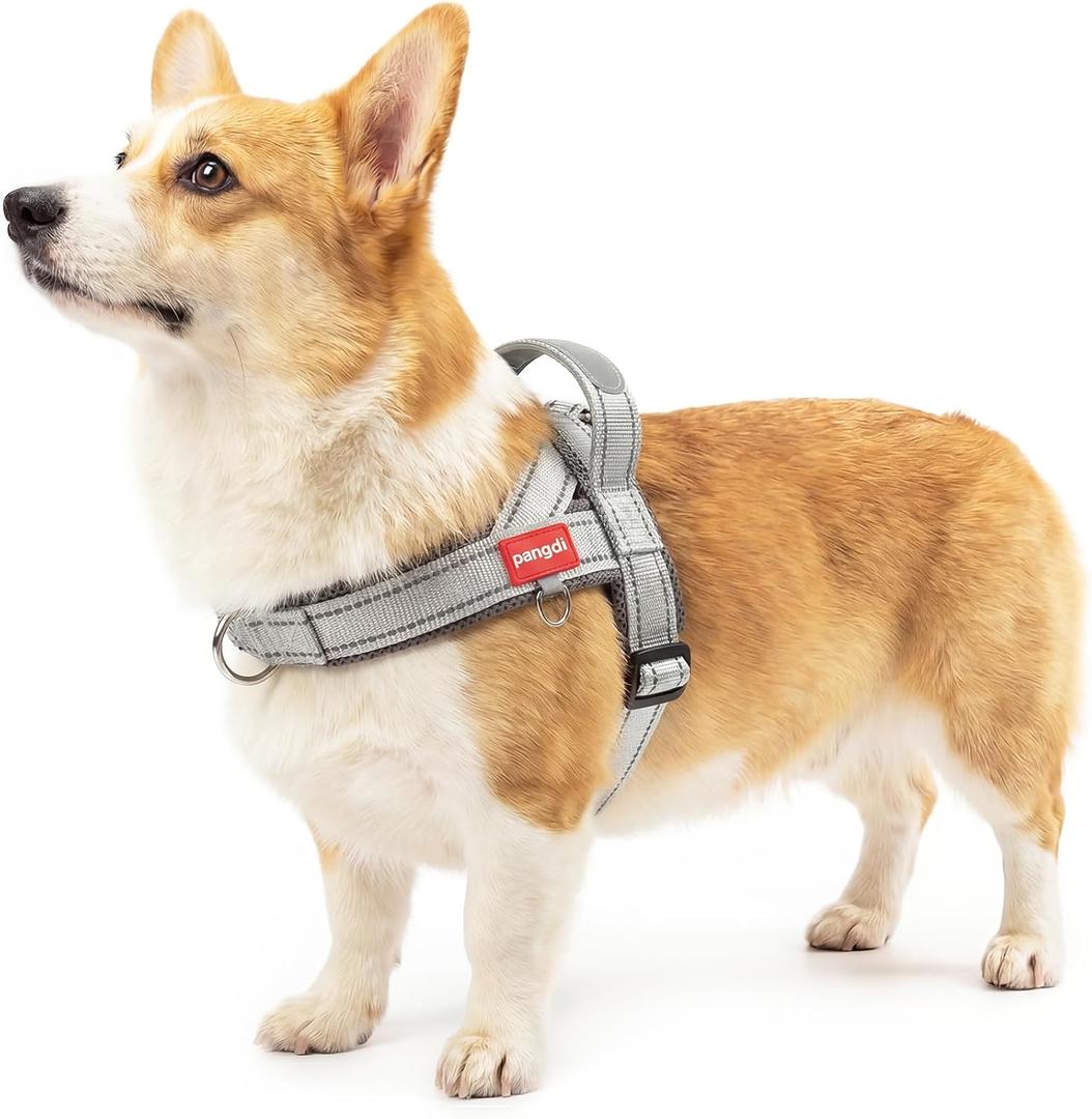 No Pull Dog Harness with Handle, French Bulldog Adjustable Reflective Dog Vest, Breathable Air Mesh Padded Pet Harness with Front Leash Clip for Dogs, Light Grey, L