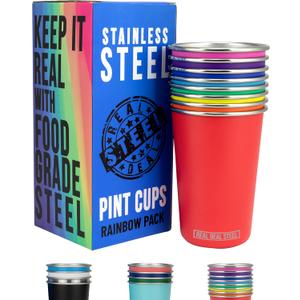 Rainbow Cups 16 oz Pint Cups, Stackable Tumblerrs, Eco Friendly Premium Metal Drinking Glasses (Rainbow (8 Pack))