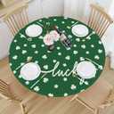 St. Patricks Day Tablecloth Round Fitted with Elastic Lucky Green Shamrock St. Paddys Themed Holiday Decor Washable Stretch Clover Table Cover Party Picnic Home Kitchen Decor for 40"-44" Table