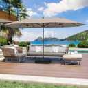 GDPFN 15FT Large Patio Umbrella with Base Included, Outdoor Deck Standing Umbrella with Crank Handle, Double-Side Rectangular Pool Umbrella for Outside, Market, Patio, Beige, With Base-no Led