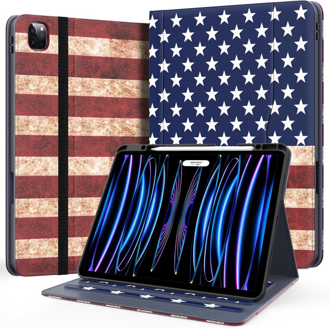 Zonefoker Case for New iPad Pro 12.9 inch 6th/5th/4th/3rd Generation 2022/2021/2020/2018, 12.9'' ipad Pro Leather Folio Protective Cover 6/5/4/3 Gen with Pencil Holder, Auto Wake/Sleep, Flag