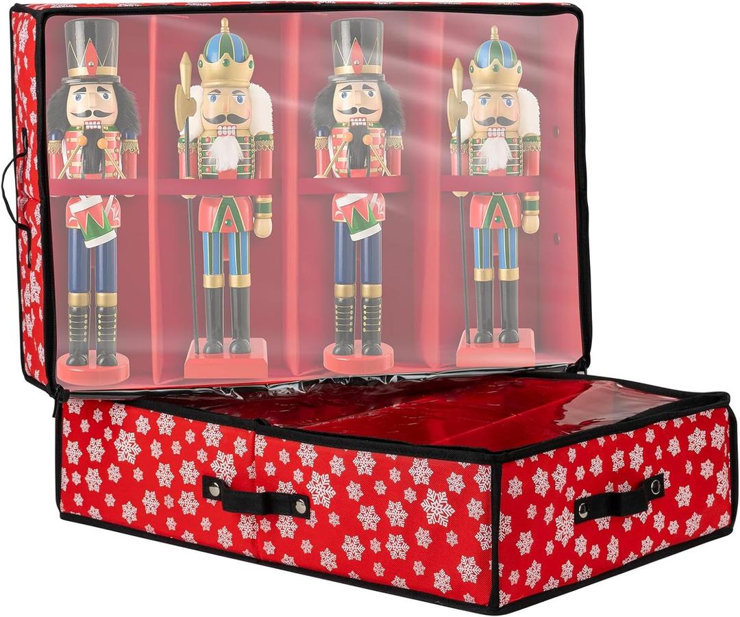 2 Pack Durable Christmas Nutcracker & Holiday Figures Storage Box with Clear Lid - Adjustable Dividers Hold 4 Figurines Up to 16 - Ornament Storage Container for Holiday Decor Accessories