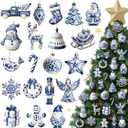 Yuntau 40 Pcs Christmas Chinoiserie Ornaments Blue and White Porcelain Wooden Flat Decoration Christmas Tree Ornaments Chinoiserie Hanging Decor Porcelain Pendants for Small Xmas Tree Decor(Classic)