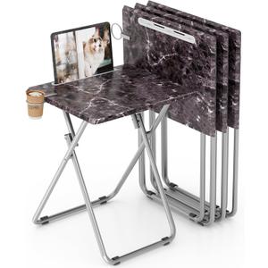 Folding TV Tray Table with Cup Holder, TV Dinner Table with Sturdy MDF Top, Eating Trays with Tablet Slot for Living Room, Bedroom, Sofa (Black Marble, 4Pcs)