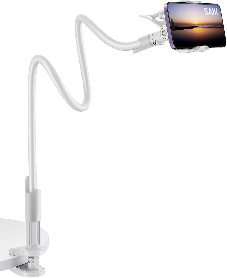 SAIJI Gooseneck Cell Phone Holder, Clamp Universal Lazy Mount Clip Hands Free Flexible Long Arm Bracket Grip for 4-7 Phones Mobile Stand Baby Monitor for Desk, Bed, Office, Kitchen (White) (33.5 in)