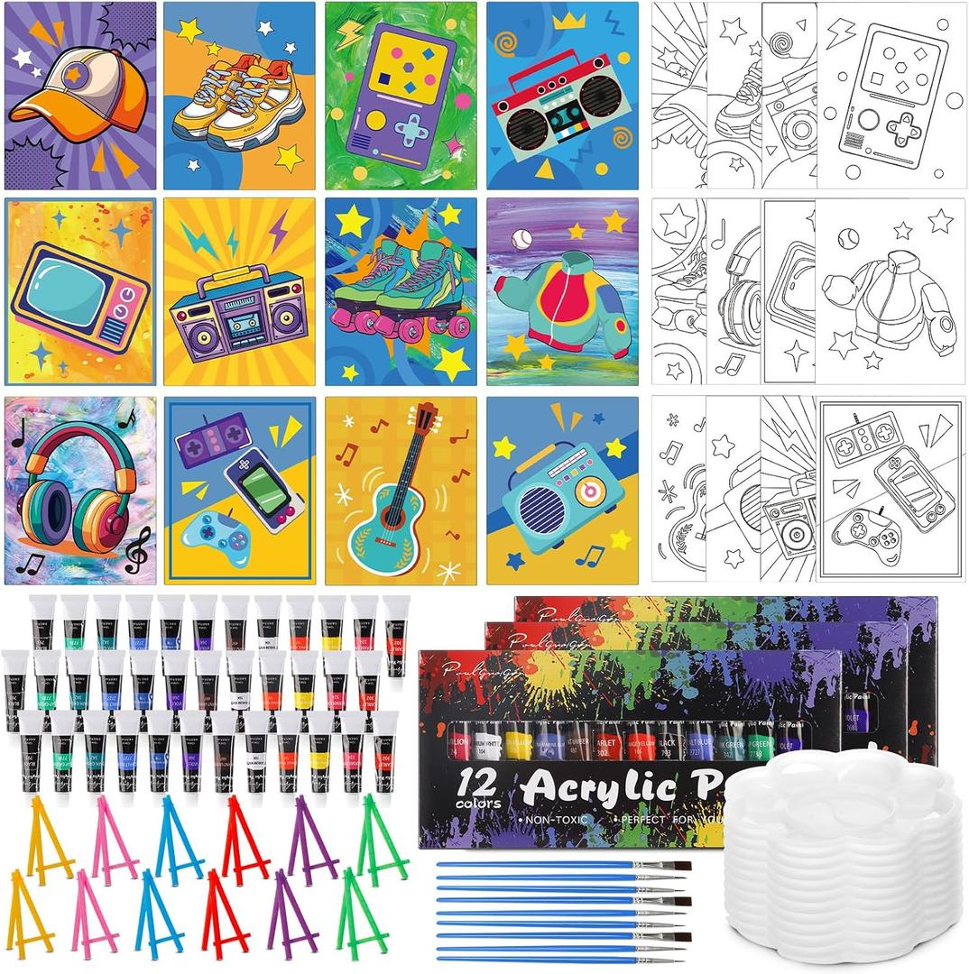 Sherr 108 Pcs 12 Set Retro Time Sip and Paint Kit for Adults 8''x10'' Pre Drawn Canvas to Paint DIY Acrylic Painting Kit Pre Printed Canvas for Date Night Mother's Day Party Team Building